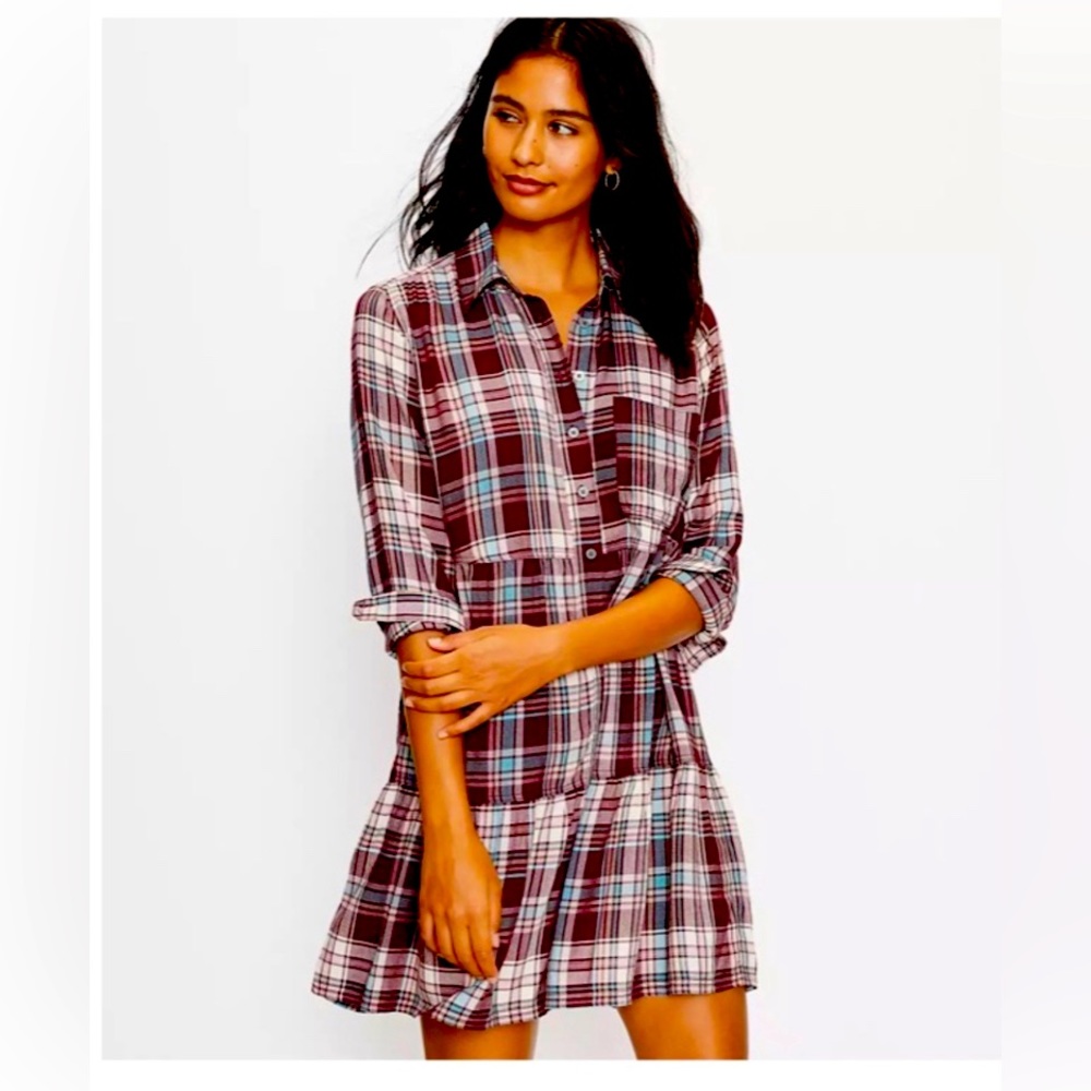 LOFT Plaid Tiered Pocket Shirtdress Size XSP petite
